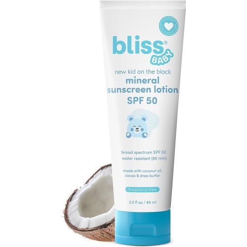 Bliss Baby Sunscreen, Premium SPF 50 Mineral Lotion, Natural Zinc Oxide, Fragrance-Free, Hypoallergenic & Dermatologist Tested, Water-Resistant, Vegan, Sensitive Skin - For Babies, Kids & Whole Family