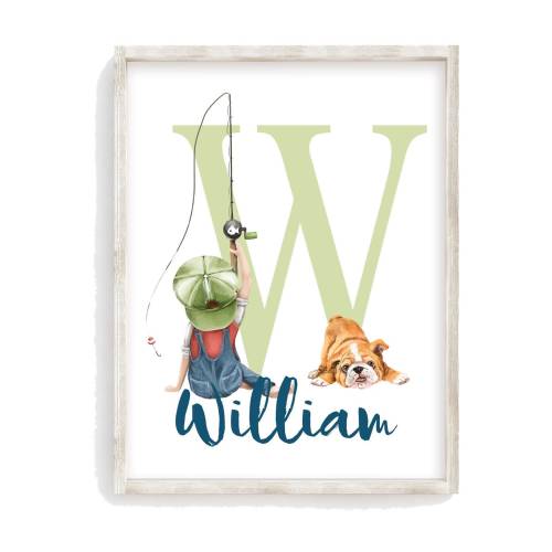 Personalized Watercolor Fishing Nursery Little Boys Room Unframed Print, Rustic Outdoor Themed Decor - Boy with English Bulldog Puppy Dog