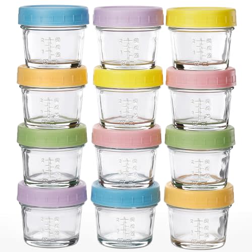 DIMBRAH Baby Food Storage Containers -12pcs, 4oz Reusable Glass Baby Food Jars with Lids–Suitable for Baby and Toddler Foods、Fruit and Vegetable Purees