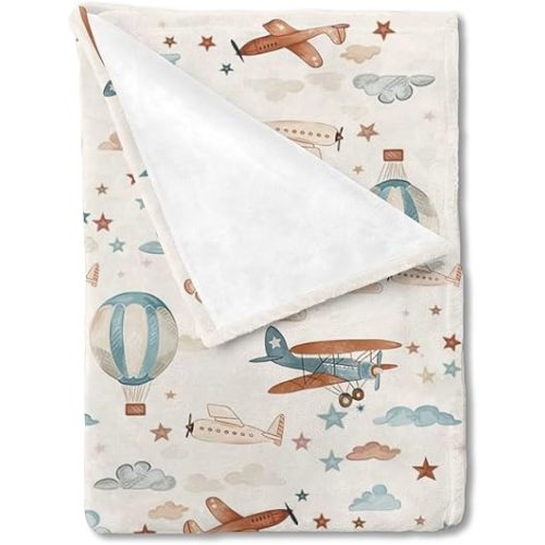 Unisex Plane Hot Air Balloon Prints Baby Nursery Throw Gift Blanket for Boys Girls, Aircraft Transportation Clouds Stars Pattern Swaddle Receiving Bed Blanket for Newborn Toddlers Kids-50x60