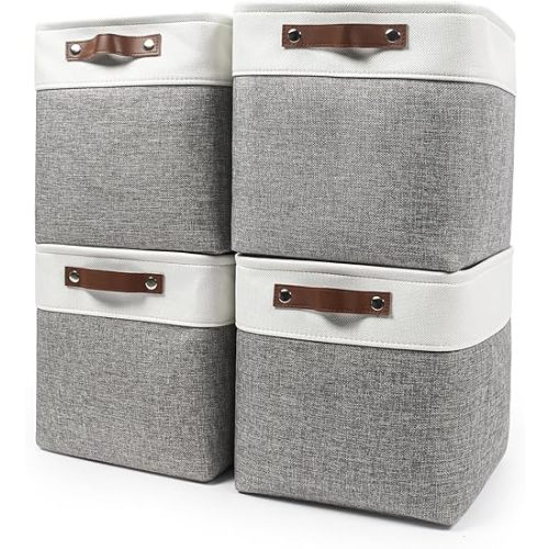 Collapsible Fabric Storage Cubes 11x11 Cube Storage Bins, 4 Pack Closet Baskets Box with Handles for Organizing, Shelf, Toys, Clothes, Home, Office, Nursery (Grey&White)