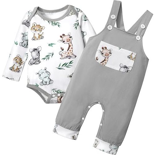 BAVADER Baby Boy Clothes Long Sleeve Animal Plaid Romper + Overalls Infant Boy Clothes 2PCS Fall Winter Outfits