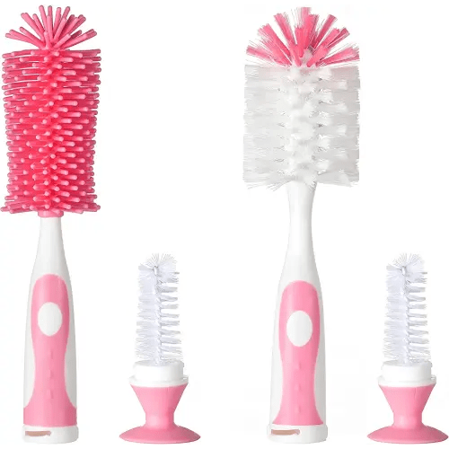 Multifunctional Cleaning Brush, Baby Bottle Brush, Bottle Brush Cleaner (Rotate The Suction Cup to Obtain The Small Bristle Brushes) Set Z, Pink, Silicone and Nylon Brush