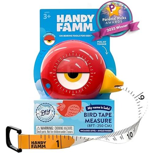 8Ft Animal Shaped Kids Tape Measurer, Fun Level and Protractor Angle Finder, Educational Children's Tools, Small Measuring Tapes for Learning Early Math Skills, Ages 3 and up, Red Bird