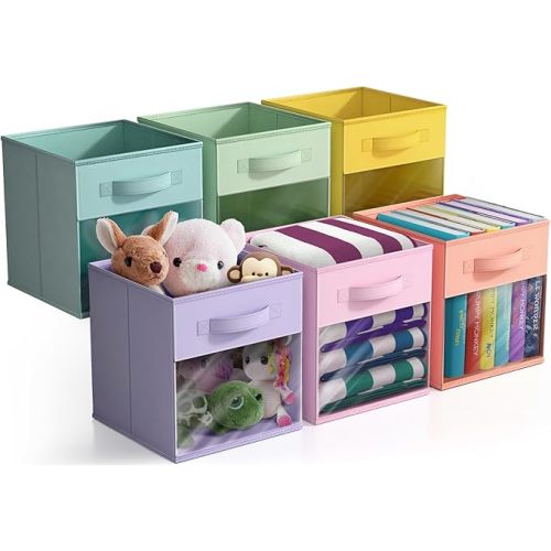 Sorbus 11 Inch Storage Bins with Clear Window - 6 Foldable Baskets for Organizing Clothes, Toys, Books - Sturdy Collapsible Fabric Storage Cubes with Handle - Storage Baskets for Shelves, Closets