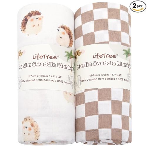 LifeTree Baby Swaddle Blankets, Boys Girls Muslin Swaddling Wrap Receiving Blanket for Newborn, 70% Viscose from Bamboo and 30% Cotton, Large 47" x 47", Hedgehog and Checkered