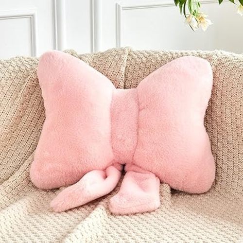Pink Bow Pillow, Soft Bow Decorative Pillows with Faux Rabbit Fur, Cute 12" Bow Throw Pillows, Aesthetic Home Decor Bow Shaped Plush Pillow for Bedroom Sofa Couch
