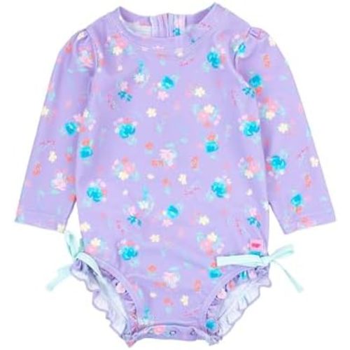 RuffleButts Baby Girls UPF 50+ Sun Protection Floral Printed Long Sleeve One Piece Rash Guard Swimsuit with Zipper