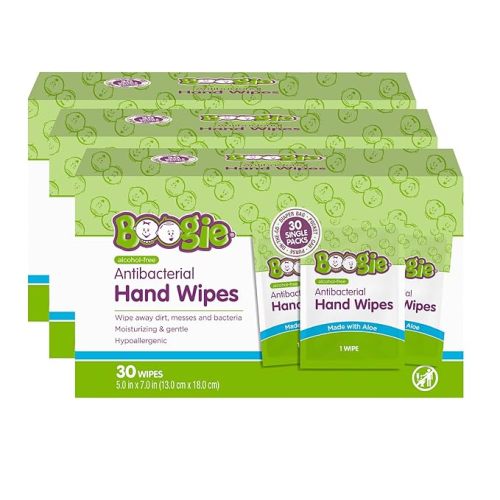 Boogie Antibacterial Hand Wipes - 90 Count - Hypoallergenic & Alcohol-Free - Individually Wrapped - Travel and Diaper Bag Essential