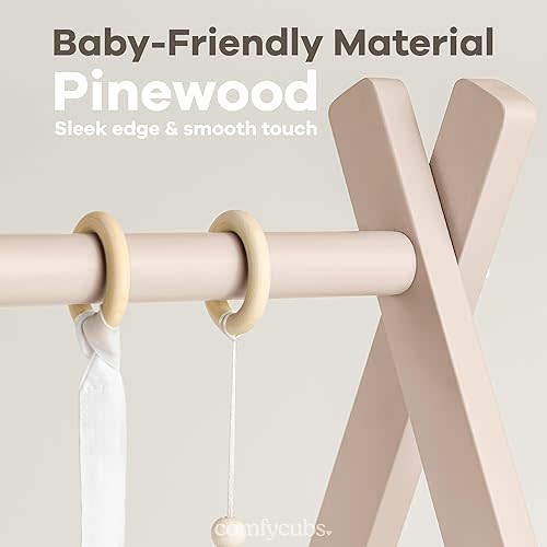 Comfy Cubs Baby Play Gym Set, Wooden Baby Playgym, Interactive Activity Center Hanging Bar with Gym Toys, Foldable for Infants, Newborn Gift for Baby Girl and Boy (Blush)