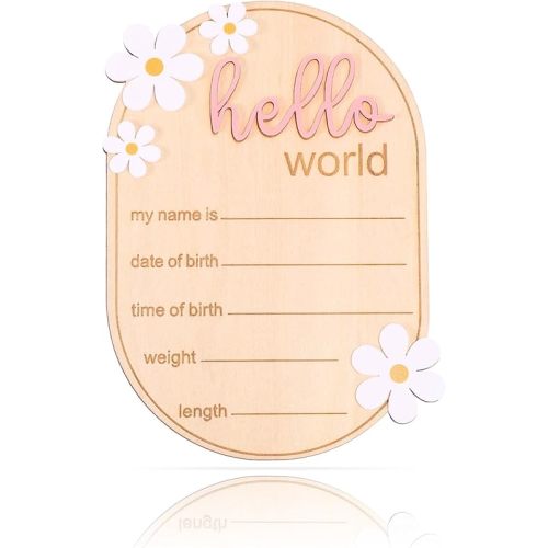 Baby Announcement Sign, Wooden Hello World Newborn Welcome Sign Personalized Birth Announcement Board for Baby Name Gender Neutral Nursery & Hospital Photo Props Keepsake Gift (Pink Letter)