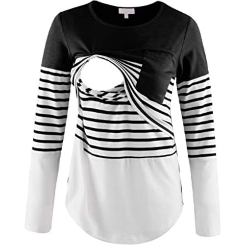 Bhome Nursing Tshirt Color Block Maternity Short Sleeve Top for Breastfeeding Pregnancy Shirt with Pocket