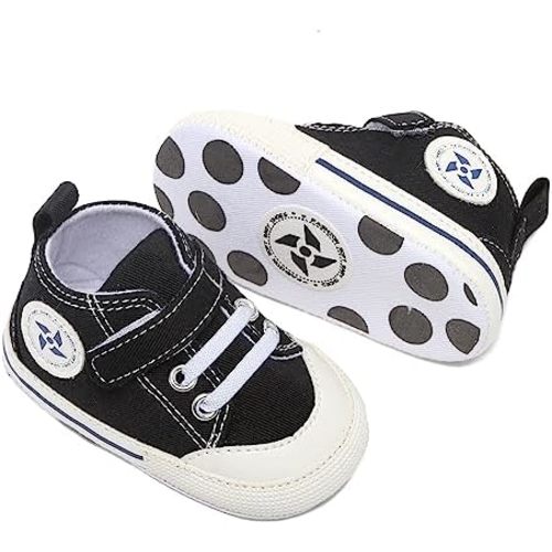Baby Girls Boys Shoes Soft Anti-Slip Sole Newborn First Walkers Star High Top Canvas Denim Unisex Infant Sneaker (A02-Black, 0-6 Months)