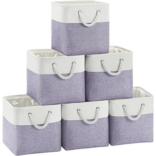 Large 11x11 Inch Cube Storage Bins with Cotton Handles for Closet, Shelves, Clothes, Toys, Towel (White/Purple-6 Pack)