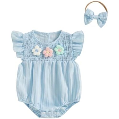 Newborn Baby Girl Outfits Cute 3D Knit Floral Summer Clothes Infant Fly Sleeve Bubble Romper Headband Clothing
