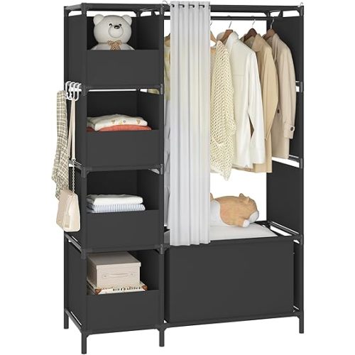 MOYIPIN Portable Closet,Free Standing Wardrobe Closet with Hanging Rod and Curtain,Clothes Storage Organizer, for Cloakroom, Bedroom,40.55 x 16.73 x 65.35Inches,Black