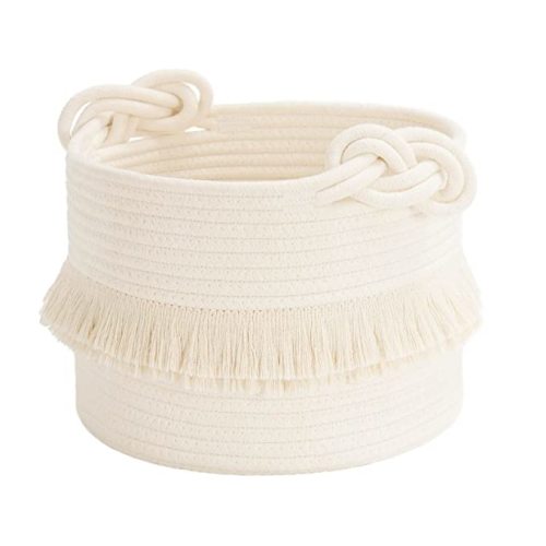 CherryNow Small Woven Storage Baskets Cotton Rope Decorative Hamper for Diaper, Blankets, Magazine and Keys, Cute Tassel Nursery Decor - Home Storage Container – 9.5'' x 7'' Off-white