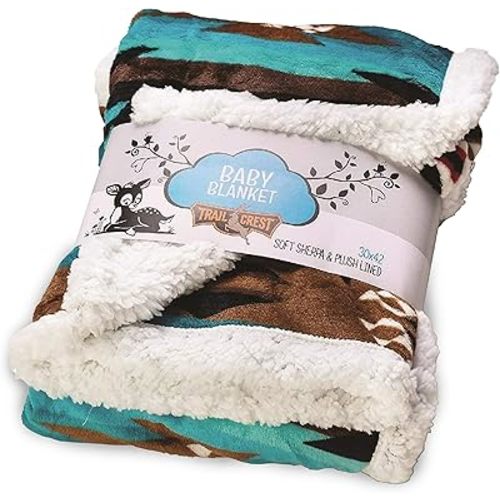 TrailCrest Ultra Soft Sherpa Fleece Cozy Plush Aztec Baby Blanket for Kids, Reversible with Aztec Prints, Washable, Wide Size, Swaddle, Stroller Blanket | Baby Shower Present, Teal Aztec