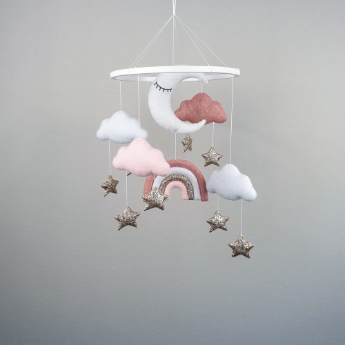 Cloud baby girl mobile, moon rainbow nursery mobile,  gold star mobile for crib, felt hanging mobile, baby girl nursery decor