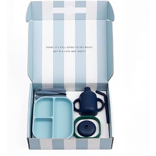 Bella Tunno Little Bites Bundle – Baby Feeding Set and Baby Led Weaning Supplies with 1 Baby Bowl, 1 Baby Plate, 3 Baby Utensils, 1 Cup, 2 Lids, 100% Food-Grade Silicone (Shooting Star)