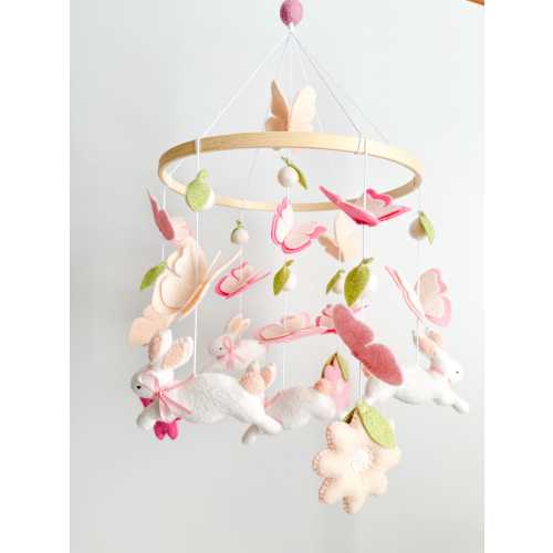 Handmade Felt Bunny Mobile, Floral Nursery Crib Decor, Baby Girl Gift