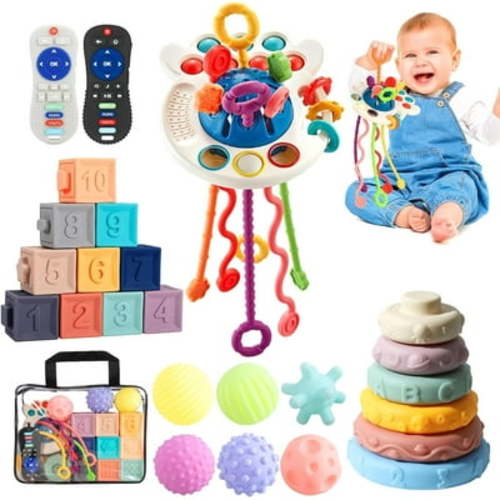 Lauon Baby Toys for 6 to 12 Months, 5 in 1 Montessori Toys for Babies, Sensory Toys for Toddlers 1-3,Pull String Toys, Stacking Blocks, Sensory Shapes & Teething Simulation Remote Control