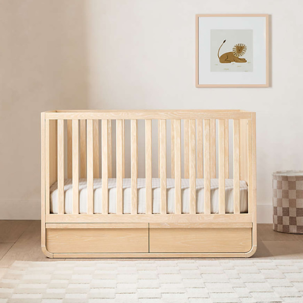 Mira Natural Oak Wood Convertible Baby Crib with Storage and Toddler Bed Rail