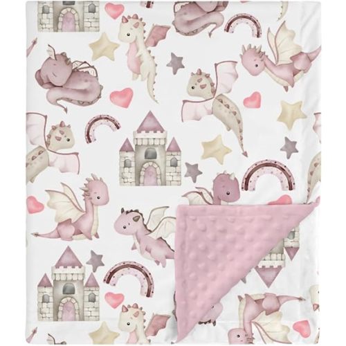 HawSkgFub Pink Purple Dragon Castle Mink Baby Blankets with Dotted Backing Girls Shower Gift, Cute Flying Dragons Double Layer Nursery Swaddle, Soft Newborn Infant Toddler Bed Crib Bedding 30 x 40