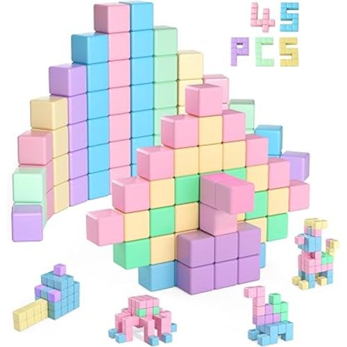 Magnetic Blocks, Building Blocks for Toddlers Age 3-5 Magnet Cubes Toys STEM Preschool Education Montessori Autism Toys 4-8 Christmas Birthday Gifts for Kids Ages 3 4 5 6 7+ Year Old Boys Girls 45PCS