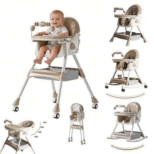 6-in-1 Baby High Chair Convertible Baby Feeding Chairs & Portable Baby Rocking Chairs with Double-Layer Tray and Toy Rack for 0-36 Months,Beige