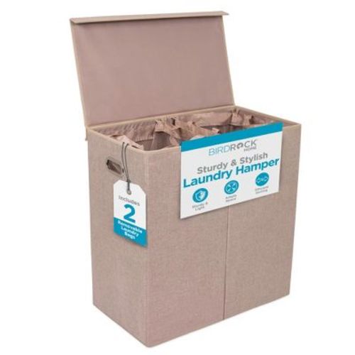 BirdRock Home Double Laundry Hamper with Lid and Removable Liner - Cream