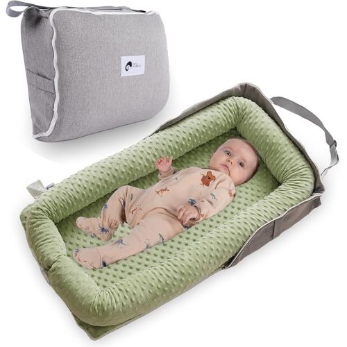 Joyful Journeys Baby Lounger Diaper Bag - Portable Baby Lounger Nest | Versatile Infant Lounger Bag & Diaper Organizer | Cozy Baby Lounger Nest for Convenience | Baby Shower Gifts (Green Minky)