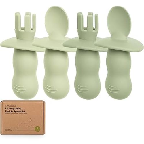 KeaBabies 4-Pack Silicone Baby Spoons and Forks Set - Baby Spoon Self Feeding, BLW Baby Utensils 6-12 Months, Baby Led Weaning Feeding Spoon, Teething Infant Baby First Food Training Pre Spoon (Sage)