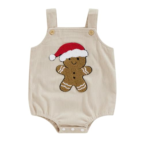 Lesimsam Newborn Baby Boy Girl Christmas Outfit Gingerbread Man Embroidery Sleeveless Suspender Overall Romper Bodysuit