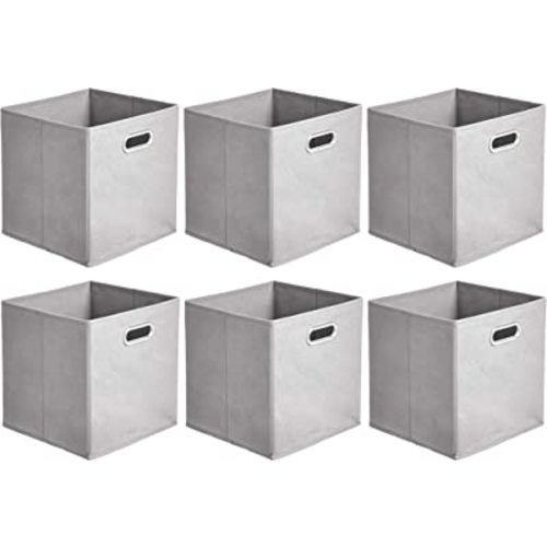 Amazon Basics Collapsible Cube Storage Organizer Bins, 6-Pack, 10.5 x 10.5 x 11 inches, Light Grey