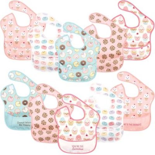 Hudson Baby Infant Girl Waterproof Polyester Bibs 10pk, Sweetest Cupcake, Feeder