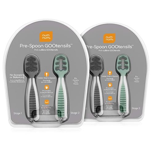 NumNum GOOtensils 2-Pack | Baby Spoon Set (First Stage + Second Stage) | BPA Free Silicone Self Feeding Baby + Toddler Utensil | #1 Doctor Recommended Baby Led Weaning Spoon for Kids Ages 6 Months+ - Gray/Green 2-pack