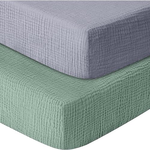 Muslin Crib Sheets for Standard Crib Mattress & Toddler Mattress 52x28in (Gray & Green)