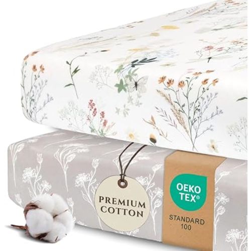 Pobibaby 2 Pack Fitted Crib Sheets for Girls - Premium Cotton Blend Baby Crib Sheet Set, Soft Breathable Floral Toddler Bed Sheets for Standard Mattress, Wildflower Nursery Bedding 52x28 (Wildflower)