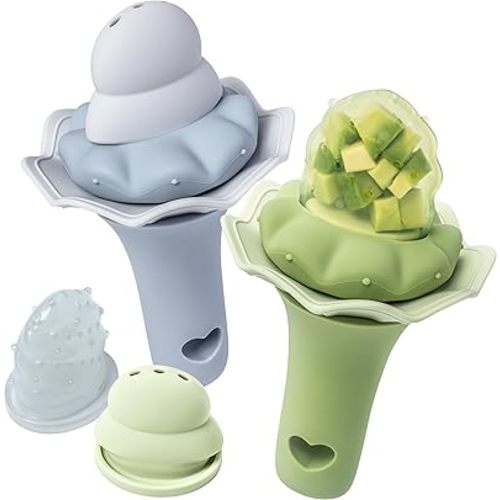 Moonkie Baby Fruit Feeder, Teething Toy, BPA Free Silicone Food Feeder for Infant Self Feeding, Two Pouches, Baby Feeding Essentials, Mesh Feeder, 4 Months+, 2 Pack