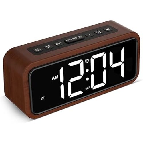 Netzu Wooden Alarm Clock, Loud Digital Plug-in Clock with 5 Volumes, 12 Ringtones, Manual DST, Snooze for Heavy Sleepers Bedroom Bedside Living Room Office Wood Decor