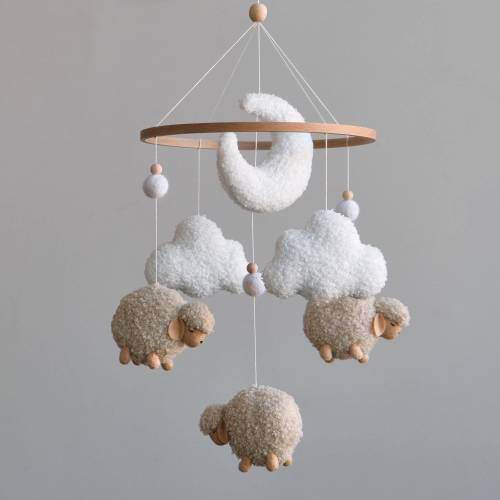 Sheep baby mobile, Counting sheep crib mobile, Neutral nursery mobile, Boucle cloud mobile, Lamb mobile,  Baby shower gift, Crib mobile