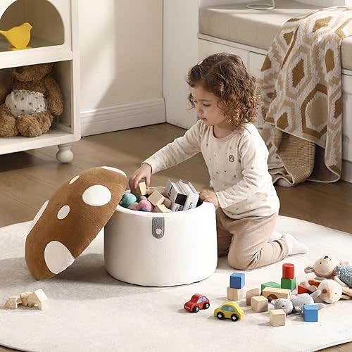 Kids Desk Chairs, Cute Mushroom Storage Ottoman, Mushroom Armchair, Children Round Storage Ottomans, Small Multi-Purpose Footstool for Playroom & Bedroom, Brown Mushroom