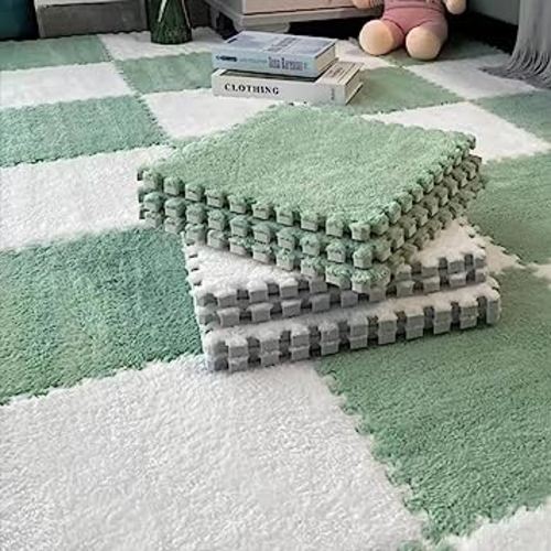 10pcs Plush Puzzle Foam Floor Mat, Soft Fluffy Interlocking Square Foam Tiles Area Rugs Carpet for Parlor Bedroom Decoration(11.8x11.8in, Green&White)