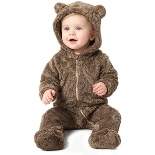 Baby Plush Long Sleeve Polar Fleece Jumpsuit With Bear Ears Baby Fleece Hooded Jumpsuit Infant Winter Outfit
