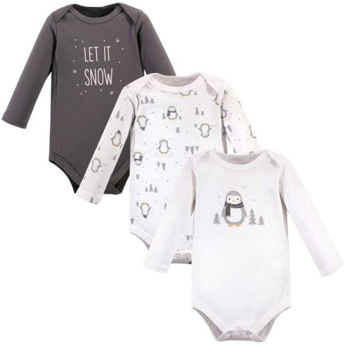 Hudson Baby Cotton Long-sleeve Bodysuits, Gray Penguin, 0-3 Months