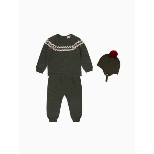 Olive Green Merino Fair Isle Knitted Baby Gift Box Set