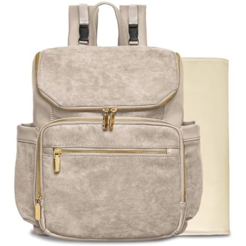 miss fong Diaper Bag Backpack - Large Diaper Bag Backpack Baby Backpack Suede Diaper Backpack with 14 Pockets, Pañaleras Para Bebe with Waterproof Wet Pocket Luggage Sleeve for Mom Dad-Taupe