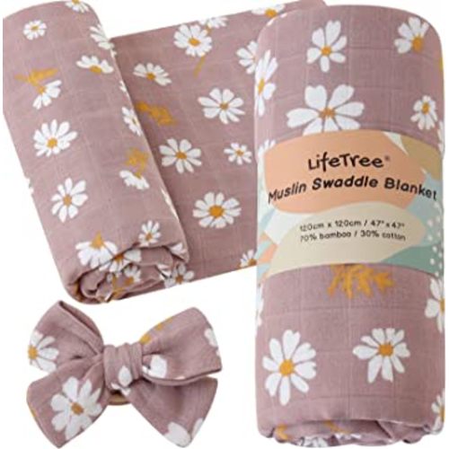 LifeTree Baby Muslin Swaddle Blankets for Boys & Girls, Newborn Swaddle Set with Matching Headband Bow, Neutral Infant Blanket Wrap, 47 x 47 inches, Mauve Daisy, 70% Viscose from Bamboo and 30% Cotton