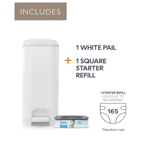 Diaper Genie Select Pail is Made of Durable Stainless Steel and Includes 1 Starter Square Refill That can Hold up to 165 Newborn-Sized Diapers.